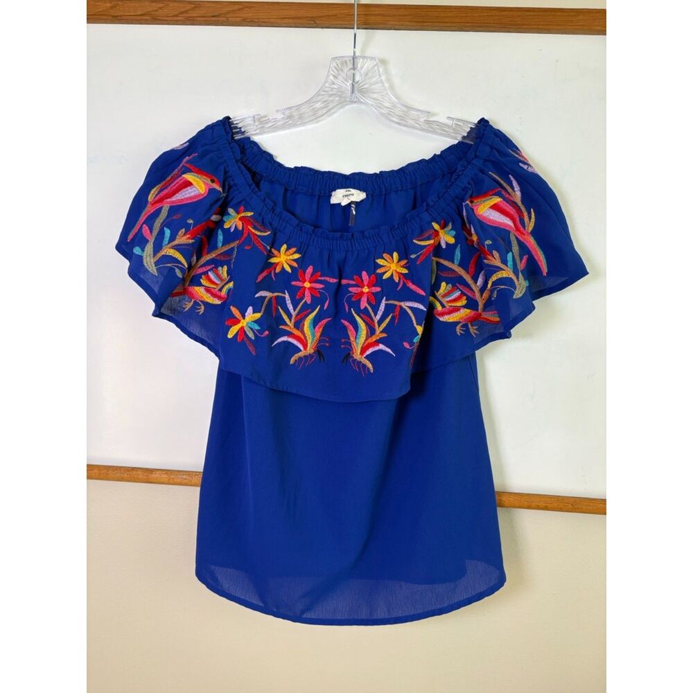 Entro Sunset Palms Off-the-Shoulder Embroidered Top, Royal Blue, Size S
